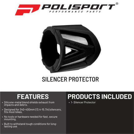 Polisport Silencer Protector (340-400mm/13.4-15.7in) - Durable Silicone-Metal Motorcycle Exhaust Guard, Easy Install, Universal Fit (Black)