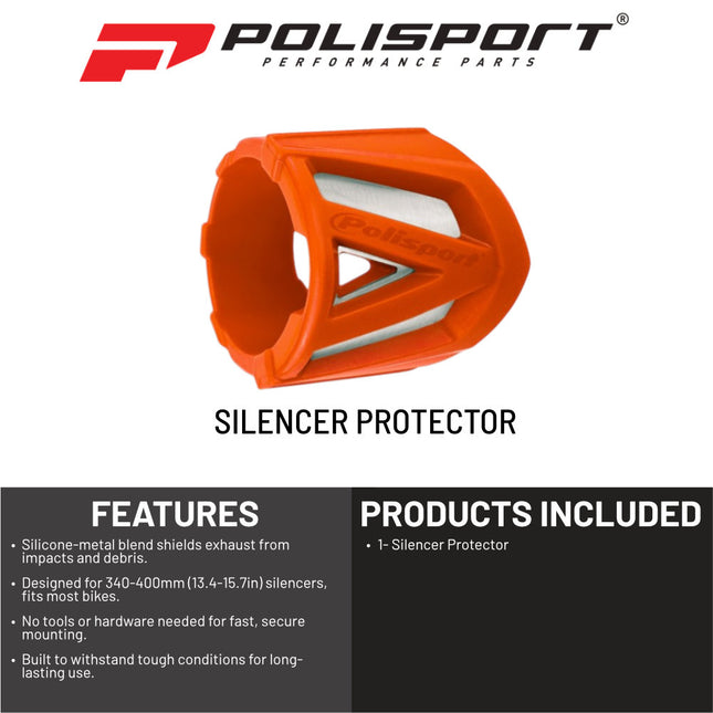 Polisport Silencer Protector (340-400mm/13.4-15.7in) - Durable Silicone-Metal Motorcycle Exhaust Guard, Easy Install, Universal Fit (Orange)