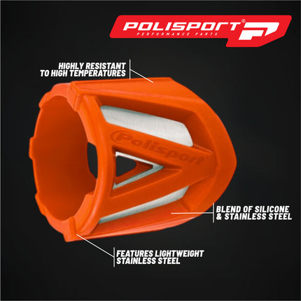 Polisport Silencer Protector (340-400mm/13.4-15.7in) - Durable Silicone-Metal Motorcycle Exhaust Guard, Easy Install, Universal Fit (Orange)