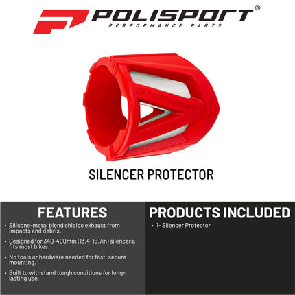 Polisport Silencer Protector (340-400mm/13.4-15.7in) - Durable Silicone-Metal Motorcycle Exhaust Guard, Easy Install, Universal Fit (Red)