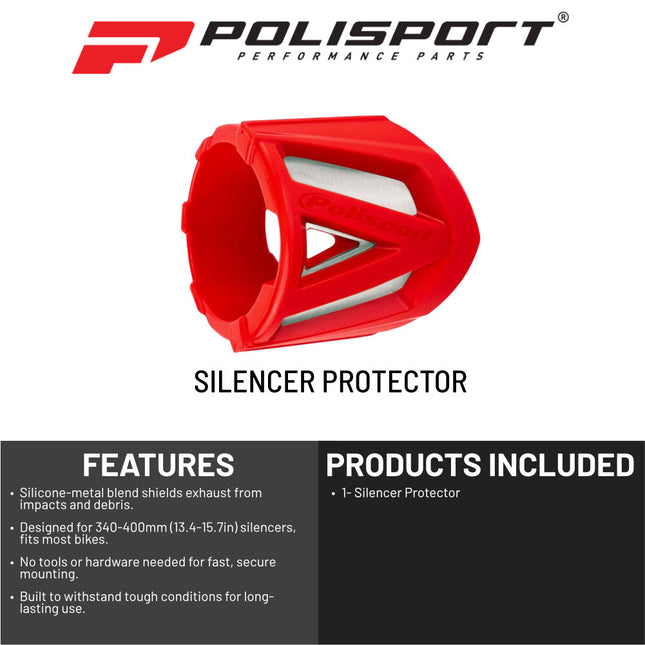 Polisport Silencer Protector (340-400mm/13.4-15.7in) - Durable Silicone-Metal Motorcycle Exhaust Guard, Easy Install, Universal Fit (Red)