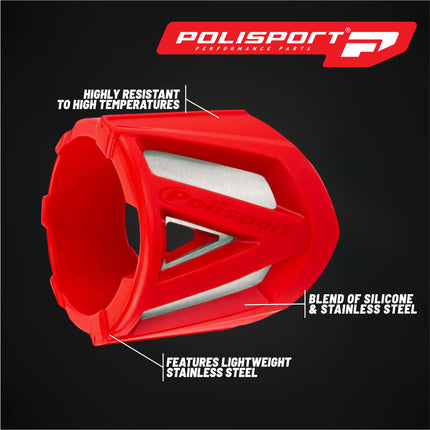 Polisport Silencer Protector (340-400mm/13.4-15.7in) - Durable Silicone-Metal Motorcycle Exhaust Guard, Easy Install, Universal Fit (Red)