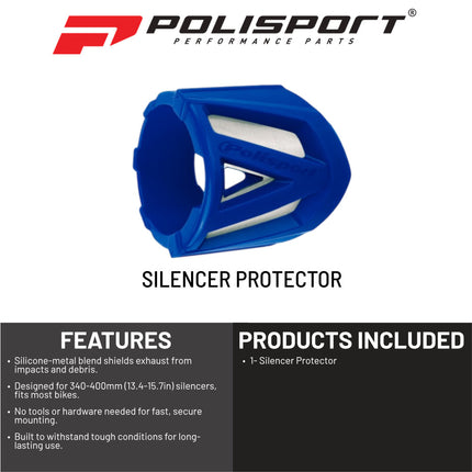 Polisport Silencer Protector (340-400mm/13.4-15.7in) - Durable Silicone-Metal Motorcycle Exhaust Guard, Easy Install, Universal Fit (Blue)