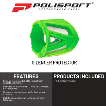 Polisport Silencer Protector (340-400mm/13.4-15.7in) - Durable Silicone-Metal Motorcycle Exhaust Guard, Easy Install, Universal Fit (Green)