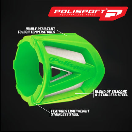 Polisport Silencer Protector (340-400mm/13.4-15.7in) - Durable Silicone-Metal Motorcycle Exhaust Guard, Easy Install, Universal Fit (Green)