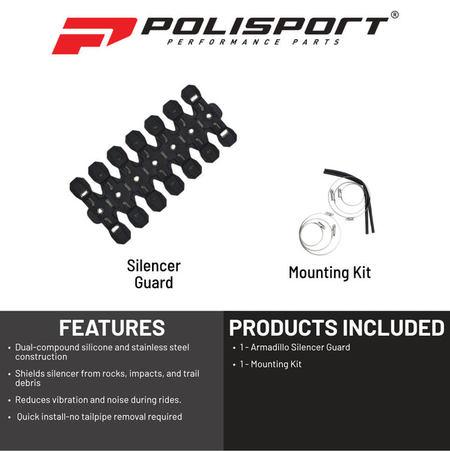 Polisport Armadillo Silencer Guard - Black, 30cm Length, Dual-Compound Silicone & Stainless Steel, Universal Fit for 2-Stroke Mufflers, Heat-Resistant, Impact-Proof, Easy Install