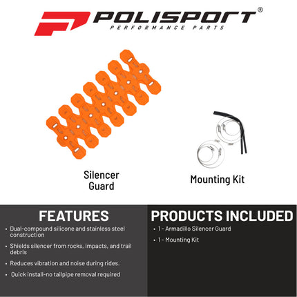 Polisport Armadillo Silencer Guard - Orange, 30cm Length, Dual-Compound Silicone & Stainless Steel, Universal Fit for 2-Stroke Mufflers, Heat-Resistant, Impact-Proof, Easy Install