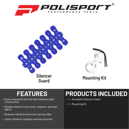 Polisport Armadillo Silencer Guard - Blue, 30cm Length, Dual-Compound Silicone & Stainless Steel, Universal Fit for 2-Stroke Mufflers, Heat-Resistant, Impact-Proof, Easy Install