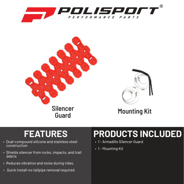 Polisport Armadillo Silencer Guard - Red, 30cm Length, Dual-Compound Silicone & Stainless Steel, Universal Fit for 2-Stroke Mufflers, Heat-Resistant, Impact-Proof, Easy Install