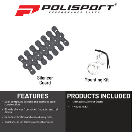 Polisport Armadillo Silencer Guard - Nardo Grey, 30cm Length, Dual-Compound Silicone & Stainless Steel, Universal Fit for 2-Stroke Mufflers, Heat-Resistant, Impact-Proof, Easy Install