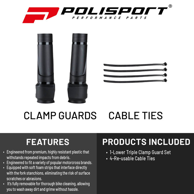 Polisport Lower Triple Clamp Guard - Durable Plastic Protection for Dirt Bike Forks, Universal Fit with Pre-Cut Lines, Foam Strips to Prevent Scratches, Easy Install in Under 1 Minute - Black