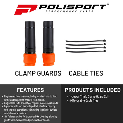 Polisport Lower Triple Clamp Guard - Durable Plastic Protection for Dirt Bike Forks, Universal Fit with Pre-Cut Lines, Foam Strips to Prevent Scratches, Easy Install-Under 1 Minute - Black/Orange
