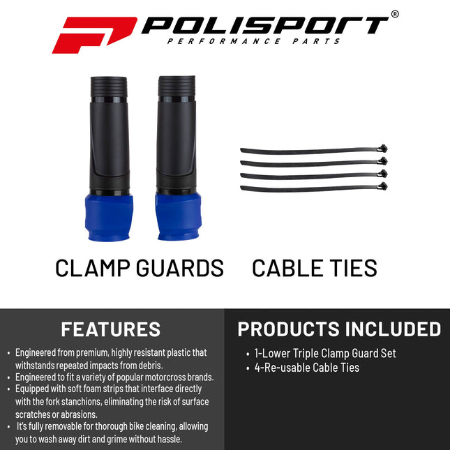 Polisport Lower Triple Clamp Guard - Durable Plastic Protection for Dirt Bike Forks, Universal Fit with Pre-Cut Lines, Foam Strips to Prevent Scratches, Easy Install-Under 1 Minute - Black/Blue