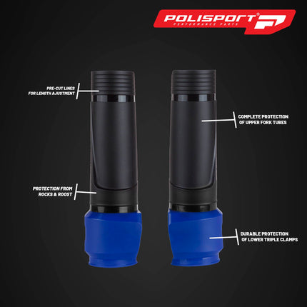 Polisport Lower Triple Clamp Guard - Durable Plastic Protection for Dirt Bike Forks, Universal Fit with Pre-Cut Lines, Foam Strips to Prevent Scratches, Easy Install-Under 1 Minute - Black/Blue