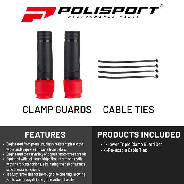 Polisport Lower Triple Clamp Guard - Durable Plastic Protection for Dirt Bike Forks, Universal Fit with Pre-Cut Lines, Foam Strips to Prevent Scratches, Easy Install-Under 1 Minute - Black/Red
