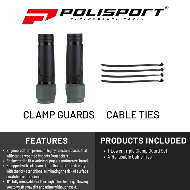 Polisport Lower Triple Clamp Guard - Durable Plastic Protection for Dirt Bike Forks, Universal Fit with Pre-Cut Lines, Foam Strips to Prevent Scratches, Easy Install-Under 1 Minute - Black/Nardo Grey