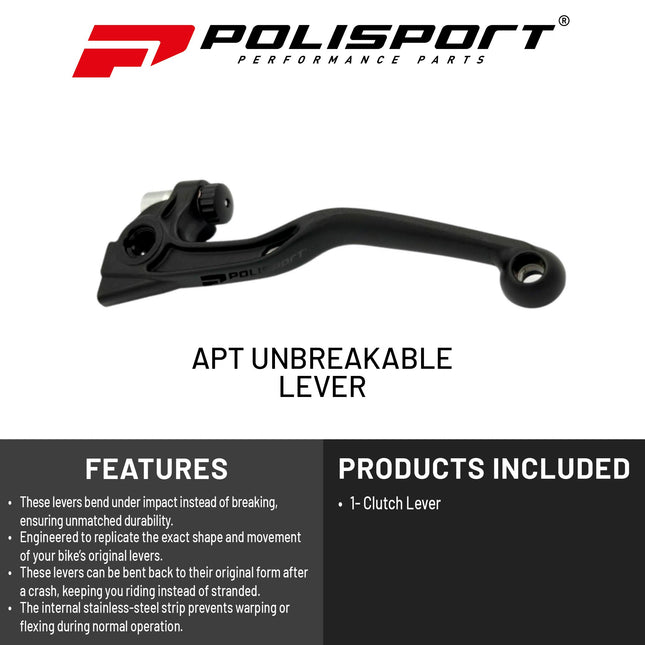 Polisport  APT Unbreakable Clutch Lever - Fits: Triumph TF 250-X (2024-2025), OEM Shape, APT Composite, Stainless Strip, CNC Adapter, Bendable Design, Easy Install, Black