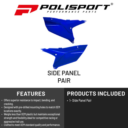 Polisport Motocross (MX) Replica Plastics Side Panels for Yamaha YZ 450F (2023-25), YZ 250F/450FX (2024-25) Dirt Bike - OEM Quality, Durable, Flexible & Perfect Fit - Blue