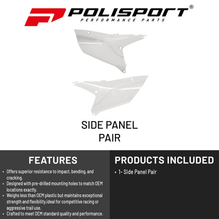 Polisport Motocross (MX) Replica Plastics Side Panels for Yamaha YZ 450F (2023-25), YZ 250F/450FX (2024-25) Dirt Bike - OEM Quality, Durable, Flexible & Perfect Fit - White