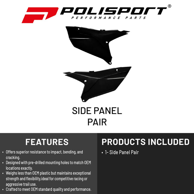 Polisport Motocross (MX) Replica Plastics Side Panels for Yamaha YZ 450F (2023-25), YZ 250F/450FX (2024-25) Dirt Bike - OEM Quality, Durable, Flexible & Perfect Fit - Black