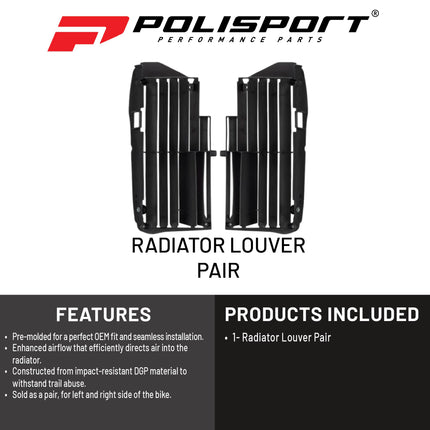 Polisport Radiator Louvers - Black Panels for Yamaha YZ 250F/450FX/WR 450F (2024) Yamaha YZ 450F (2023-2024) - OEM Fit, Durable Plastic, Enhanced Airflow, Easy Installation