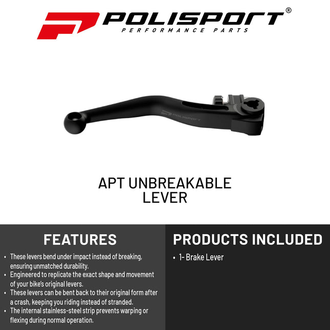 Polisport  APT Unbreakable Brake Lever - Fits: GASGAS EC/EC-F (2021-2023) Husqvarna TE/FE (2022-2024), OEM Shape, APT Composite, Stainless Strip, CNC Adapter, Bendable Design, Easy Install, Black