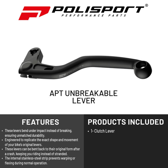 Polisport  APT Unbreakable Clutch Lever - Fits: Honda CRF 250RX (2019-2025), CRF 250R (2010-2024), CRF 450R/450RX (2004-2020), OEM Shape, CNC Adapter, Bendable Design, Easy Install, Black