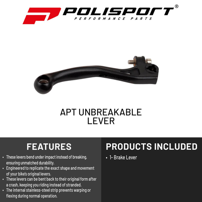 Polisport  APT Unbreakable Brake Lever - Fits: Beta RR 125/250/430/480 (2015-2024), RR 350/390 (2013-2024), RR 300 (2020-2024), OEM Shape, CNC Adapter, Bendable Design, Easy Install, Black