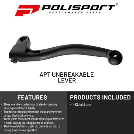 Polisport  APT Unbreakable Clutch Lever - Fits: Yamaha YZ (2008-2025) Motocross (MX) OEM Shape, APT Composite, Stainless Strip, CNC Adapter, Bendable Design, Easy Install, Black