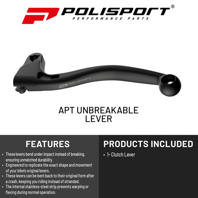 Polisport  APT Unbreakable Clutch Lever - Fits: Yamaha YZ (2008-2025) Motocross (MX) OEM Shape, APT Composite, Stainless Strip, CNC Adapter, Bendable Design, Easy Install, Black