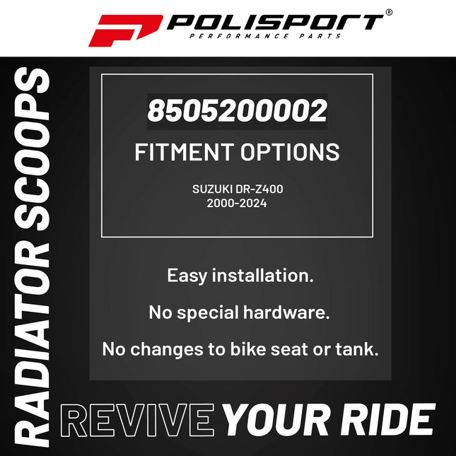 Polisport Radiator Scoops - Black Panels for Suzuki DR-Z400 (2000-2024) - OEM Fit, Glossy Finish, Lightweight & Impact-Resistant, Easy Installation