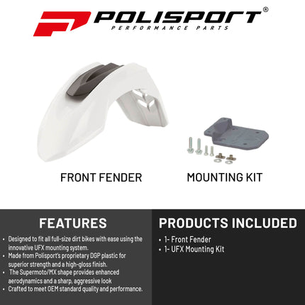 Polisport Supermoto (SM) Motocross (MX) UFX Front Fender - Universal Fit for all Full Size Dirt Bikes - White