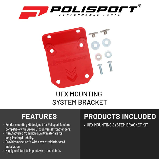 Polisport Motocross (MX) FreeFlow Universal Fender with UFX Mounting System Bracket - Universal Fit for all Full Size Susuki Dirt Bikes (2009-25) - Red