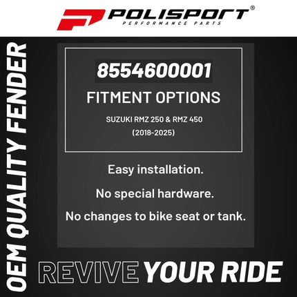 Polisport Motocross (MX) Rear Fender for Suzuki RMZ 250 & RMZ 450 (2018-2025) Dirt Bike - OEM Quality, Durable, Flexible & Perfect Fit - Yellow