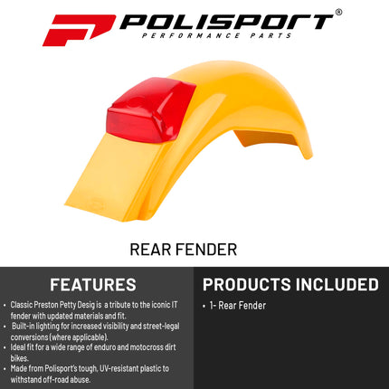 Polisport Motocross (MX) Preston Petty IT Rear Fender for Enduro Dirt Bikes - Intergal Tail Light, OEM Replacement - Yellow