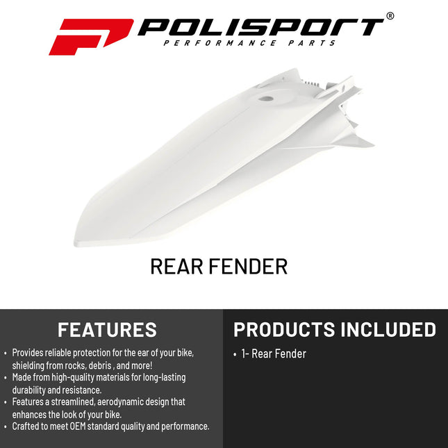 Polisport Motocross (MX) Rear Fender for KTM SX/SX-F/XC/XC-F (2019-22) Dirt Bike - OEM Quality, Durable, Flexible & Perfect Fit - White