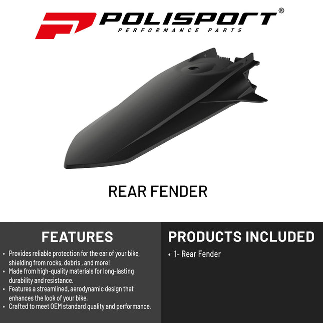 Polisport Motocross (MX) Rear Fender for KTM EXC/EXC-F & XC-W/XCF-W (2020-23) Dirt Bike - OEM Quality, Durable, Flexible & Perfect Fit - Black
