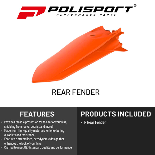 Polisport Motocross (MX) Rear Fender for KTM EXC/EXC-F & XC-W/XCF-W (2020-22) Dirt Bike - OEM Quality, Durable, Flexible & Perfect Fit - Orange