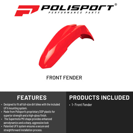 Polisport Supermoto (SM) Motocross (MX) Motard UFX Front Fender - Universal Fit for all Full Size Dirt Bikes - Red