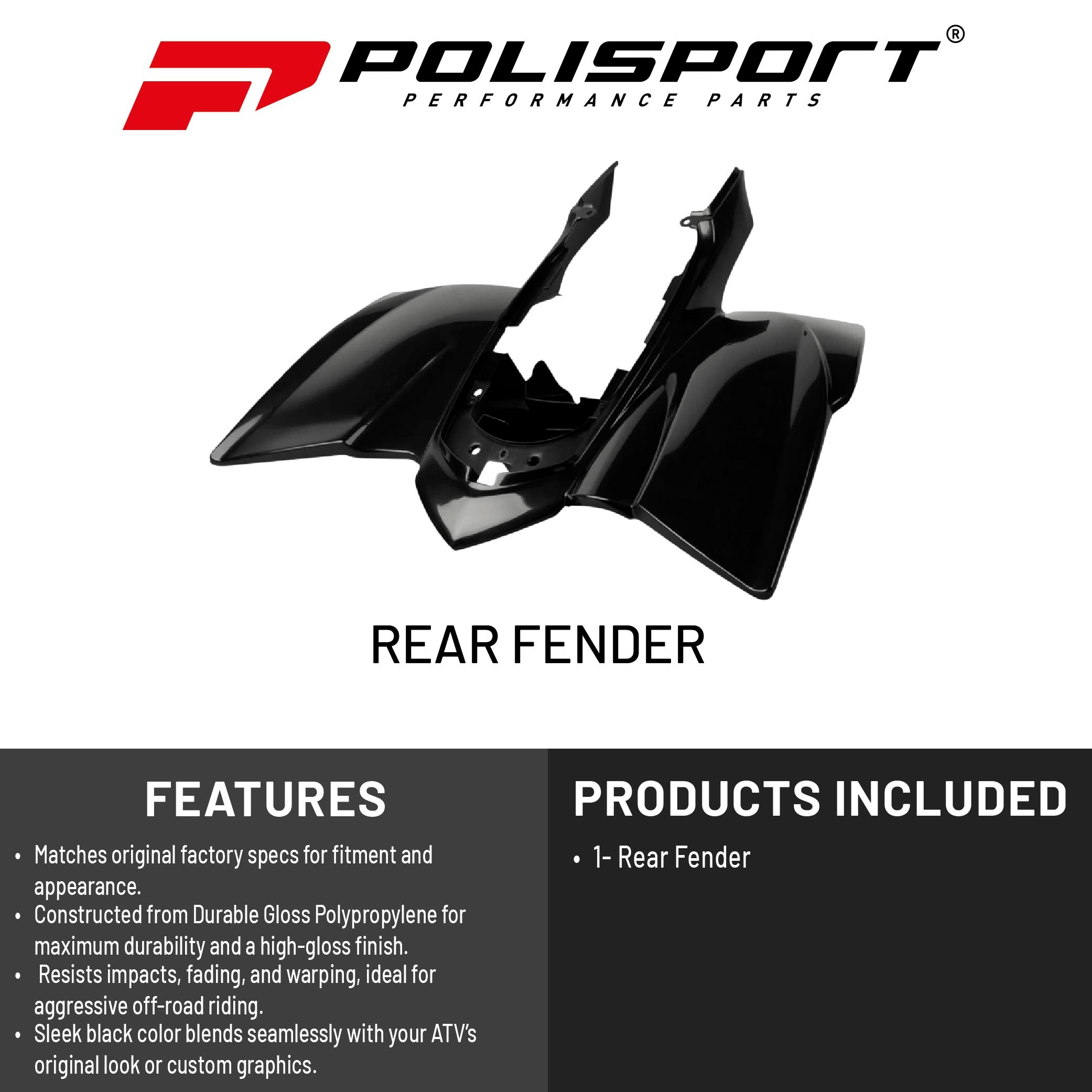 Polisport  Motocross (MX) Rear Fender for Yamaha YFZ 450 4x2 ATV (2004-08) - Exclusive DGP Technology, OEM Replacement - Black