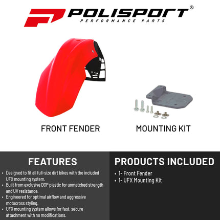 Polisport Motocross (MX) FreeFlow Universal Front Fender - Universal Fit for all Full Size Dirt Bikes - Red