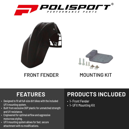 Polisport Motocross (MX) FreeFlow Universal Front Fender - Universal Fit for all Full Size Dirt Bikes - Black