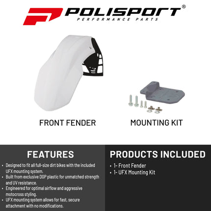 Polisport Motocross (MX) FreeFlow Universal Front Fender - Universal Fit for all Full Size Dirt Bikes - White