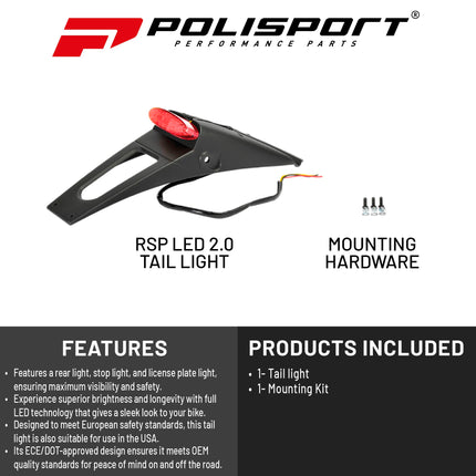 Polisport RSP LED 2.0 Tail Light/Brake Light Kit for Off-Road & Street Motorcycles - Integrated Rear, Stop & License Plate Light - Full LED technology, ECE Approved OEM Quality - Blk