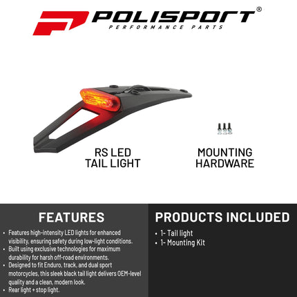 Polisport RS LED Tail Light/Brake Light Kit for Enduro, Track & Dual Sport Motorcycles - Integrated Rear & Stop Light - Full LED technology, OEM Quality - Blk