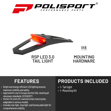 Polisport RSP LED 3.0 Tail Light/Brake Light Kit for Enduro, Track & Dual Sport Motorcycles - Integrated Rear & Stop Light - Full LED technology, ECE & DOT Approved OEM Quality - Blk