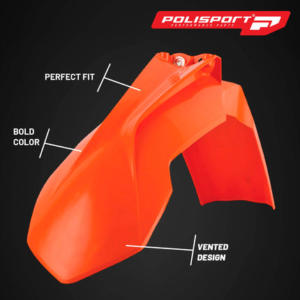 Polisport Motocross (MX) Front Fender for KTM EXC/EXC-F/XC-W/XCF-W & SX/SXF (2013-16) Dirt Bike - OEM Quality, Durable, Flexible & Perfect Fit - Orange