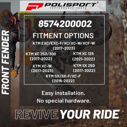 Polisport Motocross (MX) Front Fender for KTM SX/SX-F/XC-F SX 250 XC 125 XC 250/300 XC-W EXC/EXC-F/XC/XCF-W (2016-23) Dirt Bike - OEM Quality, Durable, Flexible & Perfect Fit - White