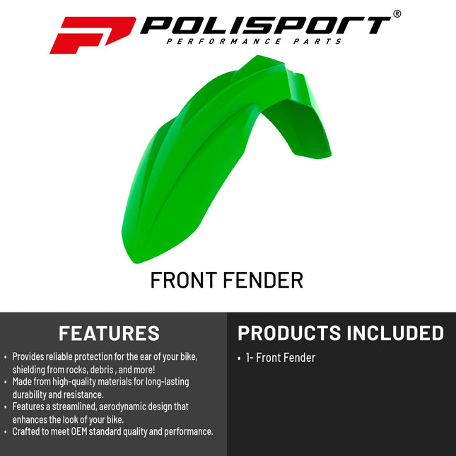 Polisport Motocross (MX) Front Fender for Kawasaki KX 250F/450F (2016-24) Dirt Bike - OEM Quality, Durable, Flexible & Perfect Fit - Green