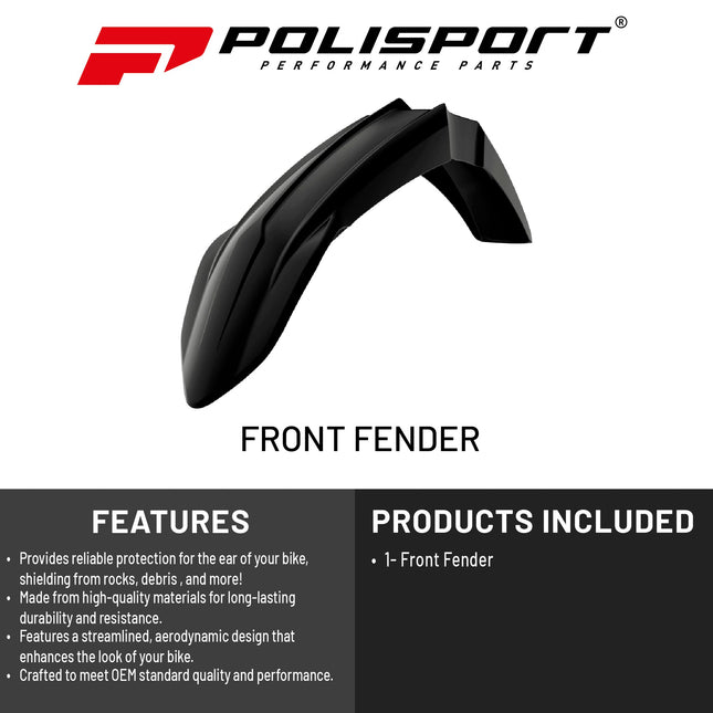 Polisport Motocross (MX) Front Fender for Yamaha YZ 125/250/450 WR250/450 (2022-26) Dirt Bike - OEM Quality, Durable, Flexible & Perfect Fit - Black